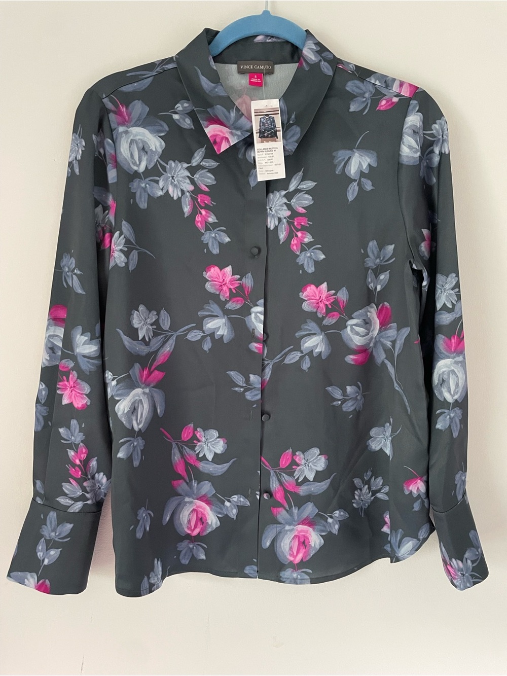 Vince Camuto Dark Gray Floral Button-Down Shirt Blouse with Pink Accents